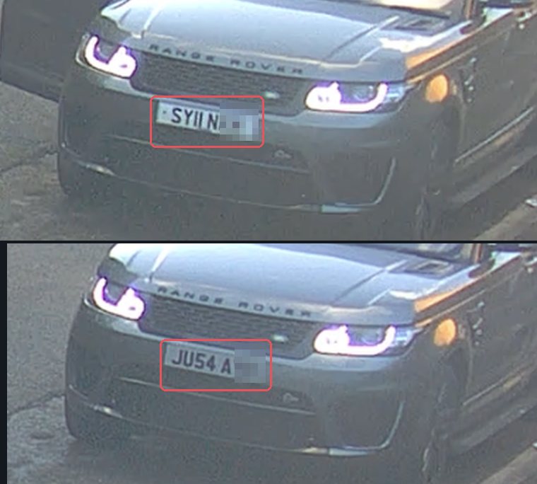 The same grey Range Rover Sport twice, before and after. The plate on the front is different in each picture, and both are partly hidden.